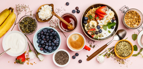 Healthy breakfast set with coffee and granola - obrazy, fototapety, plakaty