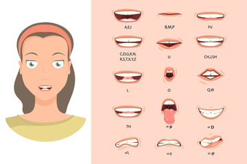 Female lip sync. Lip sync collection for animation. Female mouth animation. Phoneme mouth chart. Alphabet pronunciation. Vector illustration.
