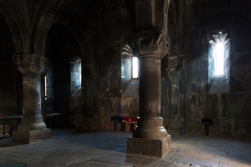 Interior of the old church in the monastery of Geghard, Armenia