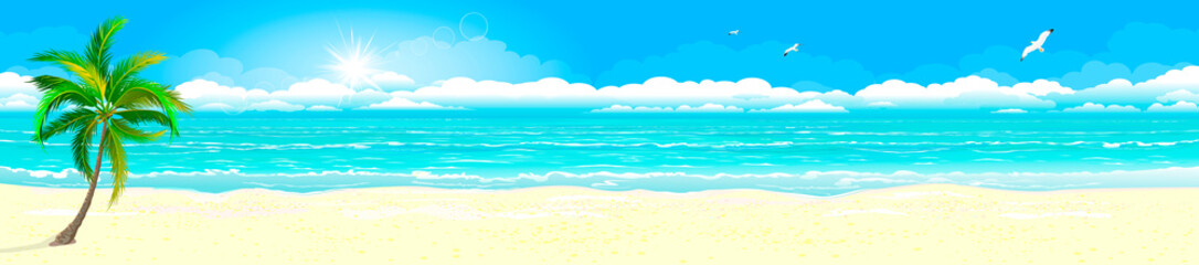 Tropical sandy beach and ocean. Panorama of a tropical sandy beach. Ocean coast. Landscape of the tropical coast. Sea shore landscape. Ocean, sky, sun and sand