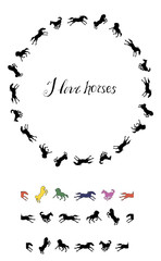 a wreath of vector isolated silhouettes of black horses galloping on a white background