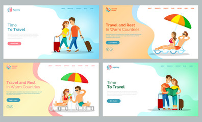Travel and rest in warm countries vector, people walking with baggage and couple lying on chaise longue under umbrella shade. Tourism destination website or webpage for travel agency, landing page