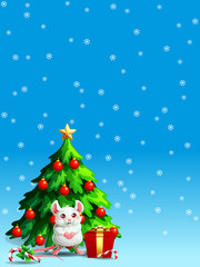 Cute white mouse ang fir tree vert