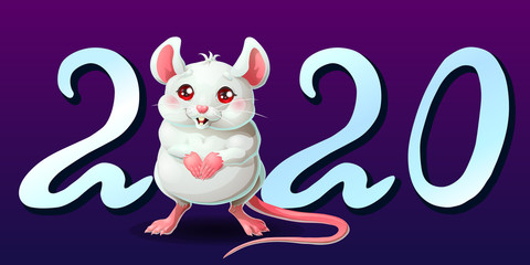 Silver letter 2020 and cute white mouse stand