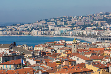 Fototapeta na wymiar Panoramic view of Nice coastline and beach. Cote d'Azur France. France.