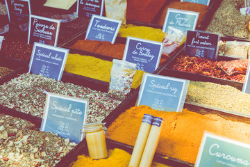 Various spices on farmer market in Monaco.