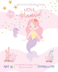 Cute mermaid theme birthday party invitation card vector illustration.
