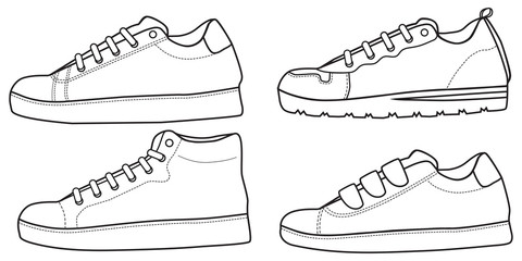 Shoes sneaker outline drawing vector symbol icon, shoe fill in the blank set collection, black line sneaker trainers template outline