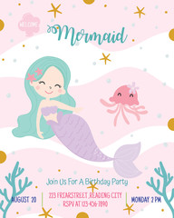 Cute mermaid theme birthday party invitation card vector illustration.