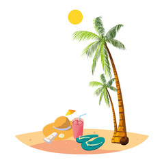 summer beach with palms and straw hat scene