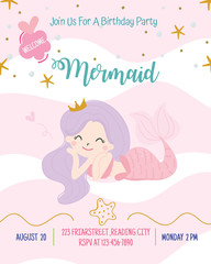 Cute mermaid theme birthday party invitation card vector illustration.