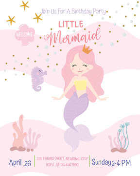 Cute Mermaid Theme Birthday Party Invitation Card Vector Illustration.