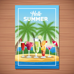 Hello summer card poster with cartoons