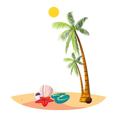 summer beach with palms and flip flops scene