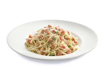 traditional pasta carbonara on white background  