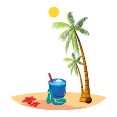 summer beach with palms and water bucket scene