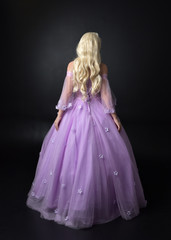 full length portrait of a blonde girl wearing a fantasy fairy inspired costume,  long purple ball gown with fairy wings,   standing pose  on a dark studio background.