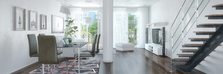 Foto op Plexiglas 3d Illustation - Modernes Loft mit großen Fenster - Helles Wohnzimmer mit einem Esstisch und einer großen Couch - Panorama © marog-pixcells