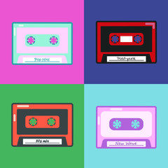 Retro audio cassettes flat icons set. 80s, 90s color compact tapes. Nostalgic, vintage isolated vector outline illustrations. Music listening, record, play cartoon color symbols