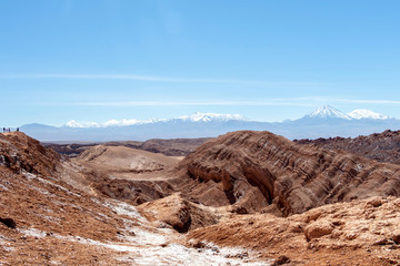 Moonlike landscape of dunes, rugged mountains and geological rock formations of Valle de la Luna (Moon valley) in Atacama desert, Chile