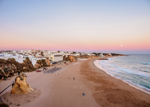 Paneco Beach at dusk, elevated view, Albufeira, Algarve, Portugal