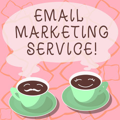 Conceptual hand writing showing Email Marketing Service. Business photo showcasing email sent to a potential or current customer Cup Saucer for His and Hers Coffee Face icon with Steam
