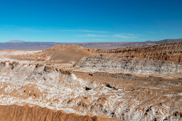 Moonlike landscape of dunes, rugged mountains and geological rock formations of Valle de la Luna (Moon valley) in Atacama desert, Chile