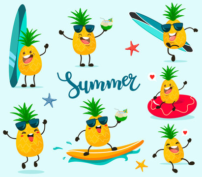 Set of funny summer pineapple in a cartoon style kawaii. Vector