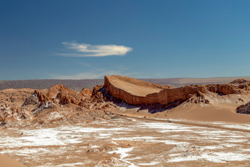 Moonlike landscape of dunes, rugged mountains and geological rock formations of Valle de la Luna (Moon valley) in Atacama desert, Chile