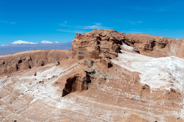 Moonlike landscape of dunes, rugged mountains and geological rock formations of Valle de la Luna (Moon valley) in Atacama desert, Chile