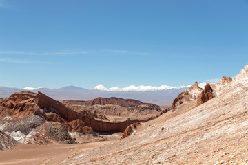 Fototapeta na wymiar Moonlike landscape of dunes, rugged mountains and geological rock formations of Valle de la Luna (Moon valley) in Atacama desert, Chile