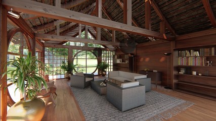 Fototapeta na wymiar living room wooden style asian