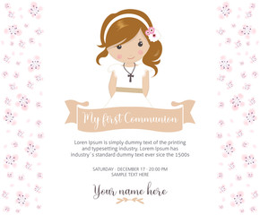 My first communion invitation. Beautiful girl with communion dress and cute flower frame