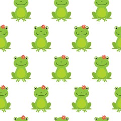 Nice happy cartoon seamless vector pattern with frogs and flowers