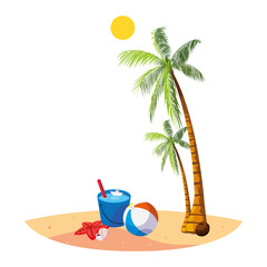 summer beach with palms and water bucket scene