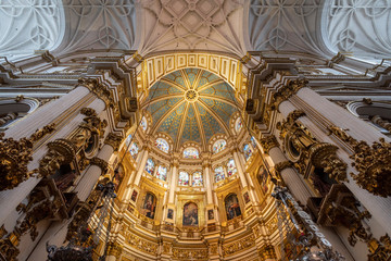 Ornamented ceilings with dome at the Cathedral of Granada interior, Granada, Andalucia, Spain