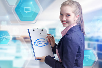 Business, technology, internet and networking concept. Young entrepreneur showing keyword: Content...