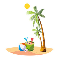 summer beach with palms and sand bucket scene