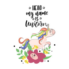 Lettering and cartoon unicorn illustration made in vector.