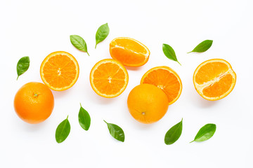 Obraz na płótnie Canvas Fresh orange citrus fruit with leaves isolated on white background.