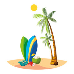 summer beach with palms and surfboards scene