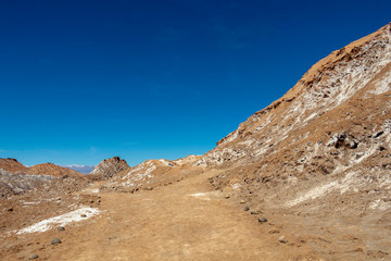 The Moon Valley area (Valle de la Luna) of geological formation of stone and sand located in the Salt mountain range, Atacama desert, Chile