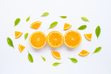 High vitamin C, Juicy and sweet. Fresh orange fruit with green leaves  on white.