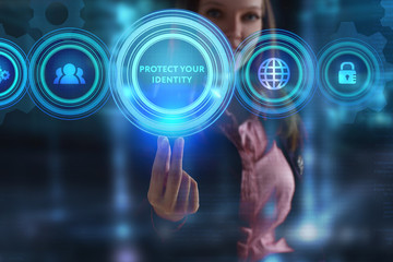 The concept of business, technology, the Internet and the network. A young entrepreneur working on a virtual screen of the future and sees the inscription: Protect your identity