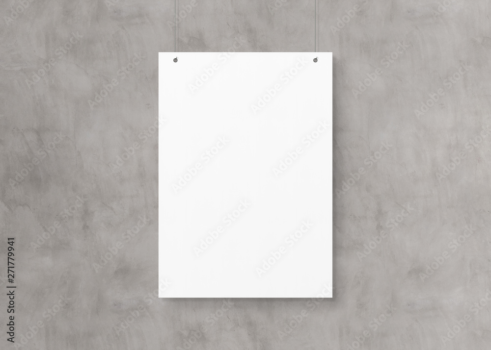 Aufkleber White poster isolated hanging by strings on wall mockup 3D rendering