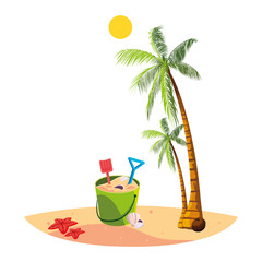 summer beach with palms and sand bucket scene