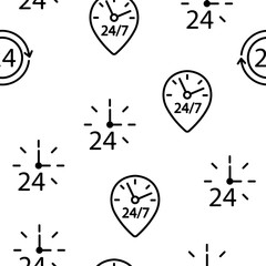 24 Hours, Clock, Time Vector Color Icons Seamless Pattern. 24 Hours Customer Service, Online Support Linear Symbols Pack. Convenience Store Logo. All Day Open Shop, Call Center Illustrations