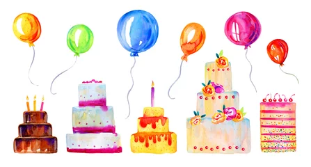 Fototapeten Birthday cakes with candles, decorations and balloons. Hand drawn stylized cartoon watercolor sketch illustration set © Alexandra