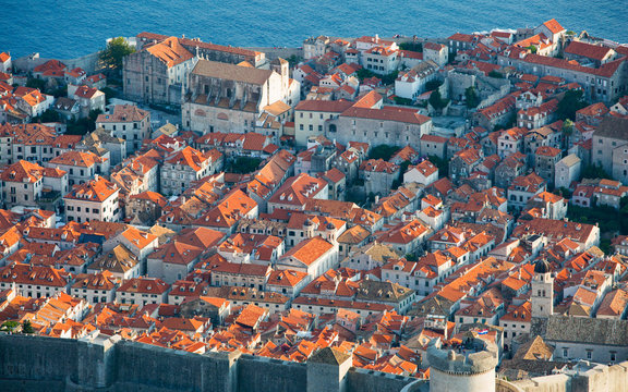 View over the tiled rooftops of the Old Town (Stari Grad), from Mount Srd, Dubrovnik, Dubrovnik-Neretva, Dalmatia, Croatia