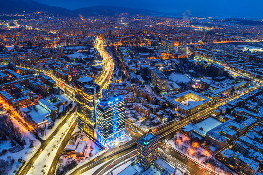 Aerial view of Sofia city center at night, Sofia, Bulgaria
